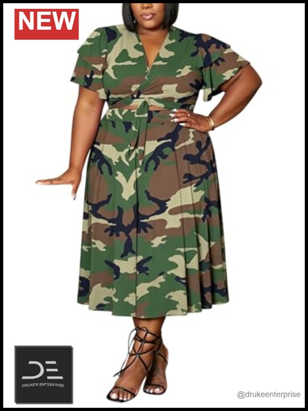Plus Size 2 Piece Skirt Set V-Neck Ruffle Sleeve Crop Top Flowy Maxi Skirt